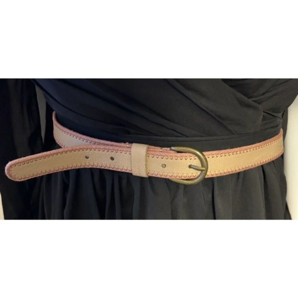 LOFT Skinny Belt Beige Tan Pebbled Faux Leather Pink Whipstitch‎ S Preppy 47-66